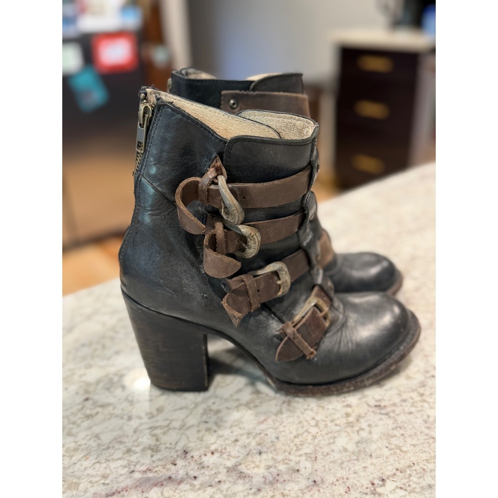 Freebird by Steven Bates Black Brown Leather Multi Strap Buckle Boots Womens 8